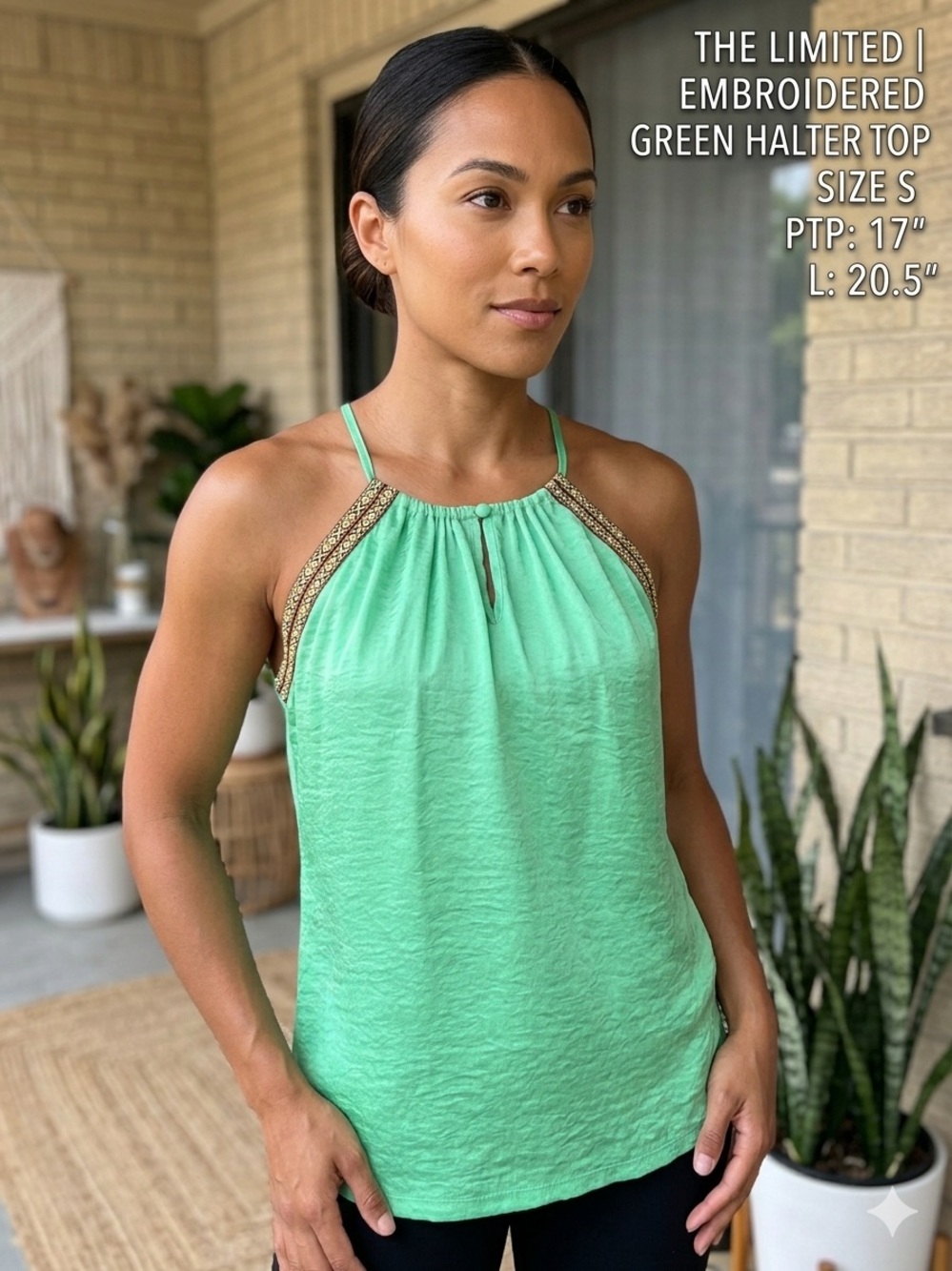 The Limited Chic Embroidered Trim Halter Top, Green, Size Small
